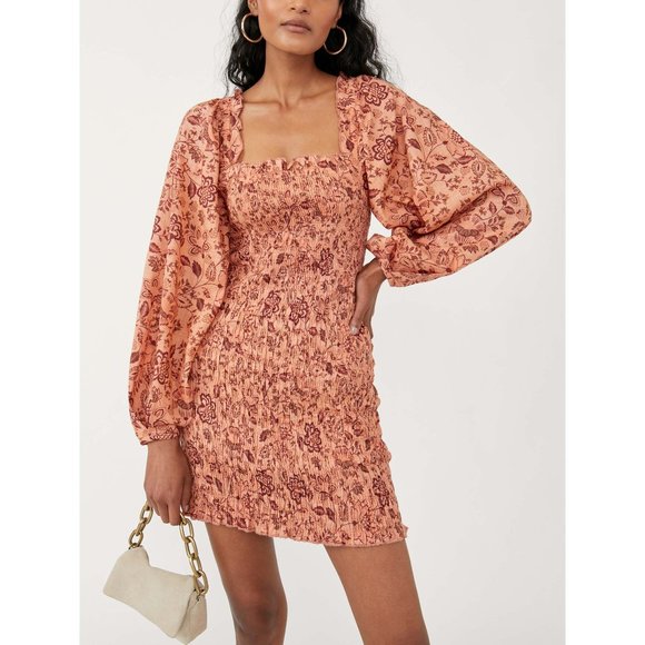 FREE PEOPLE Smock It To Me Mini Dress / Apricot Combo NWT - Picture 5 of 14